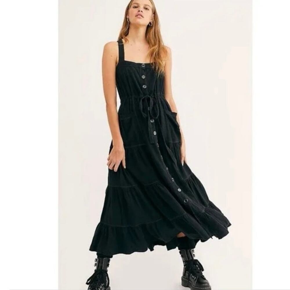 Free People Black Tiered Button-Front Midi Dress